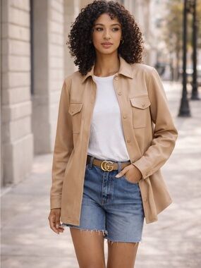 NWT BLANKNYC Faux Leather Shacket Neutral Tan Oversized Blazer Coat XS